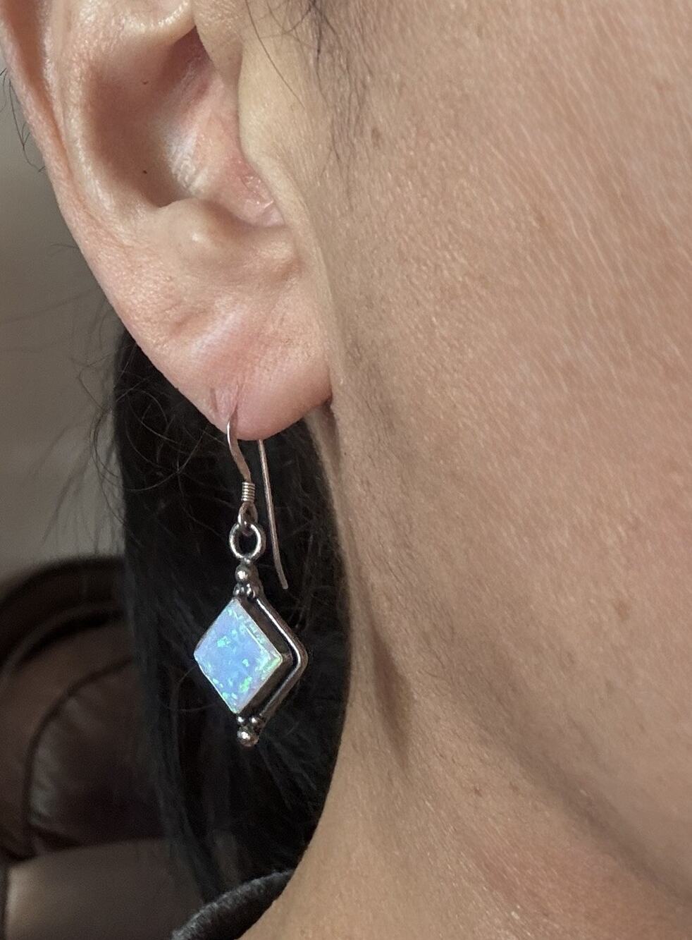 Vintage Sterling Silver Geometric Blue Iridescent Fire Opal Dangle Drop Earrings